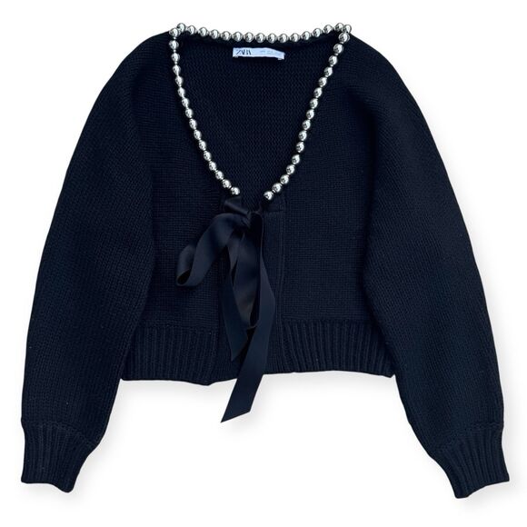 Zara Sweaters - Zara Pearl Bow Chunky Knit Cardigan Size S Wool Blend Whimsi Feminine Coquette